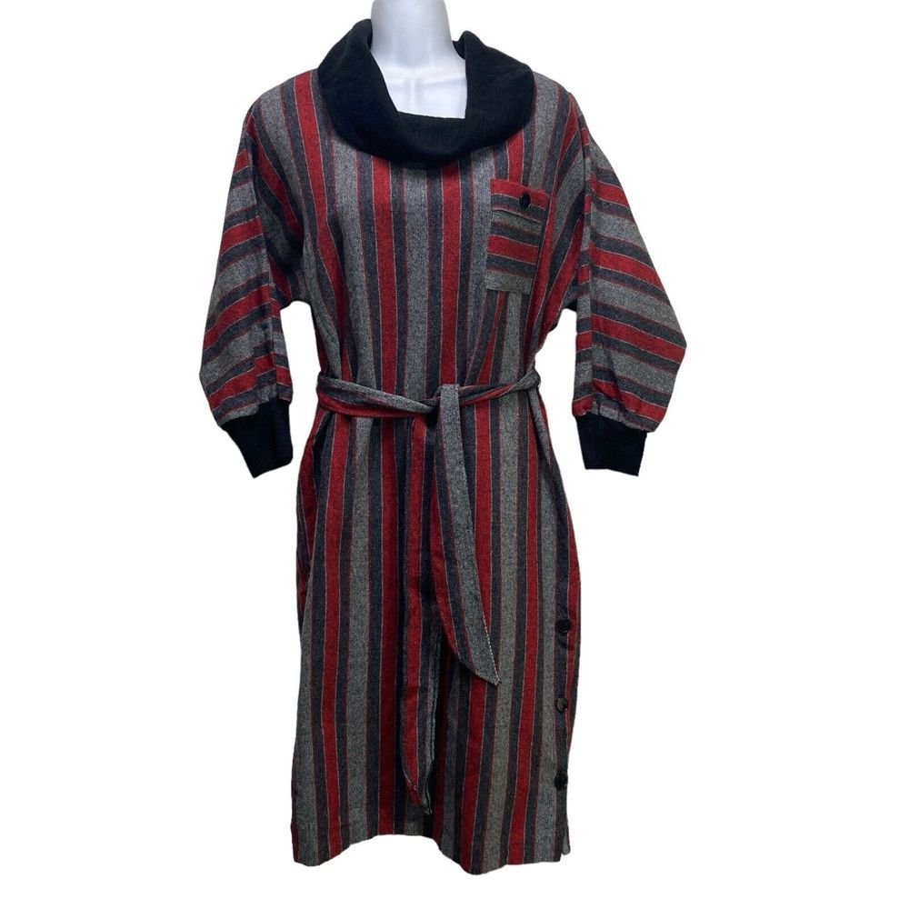 Magic California Turtleneck Dress Women's Boho Burgundy Gray Striped USA Vtg